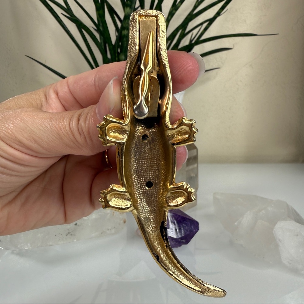 Vintage Gold Tone Metal & Black Alligator / Crocodile Clip - Picture 11 of 15